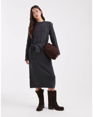 Object Knitted Belted Midi Dress With Folded Shoulder Detail - White