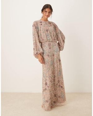 Maya Embellished Round Neck Long Sleeve Maxi Dress - Natural