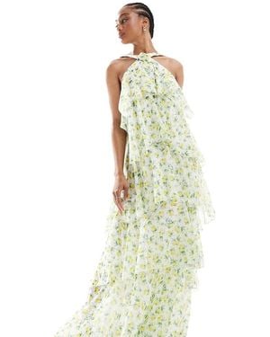 Vero Moda Felicia Halter Neck Tiered Maxi Dress With Corsage Detail - Green