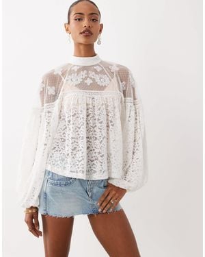 ASOS Sheer Lace Mix Balloon Sleeve Top - White