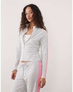 ASOS Co-ord Fitted Zip Through Fleece With Contrast Pink Strip - White