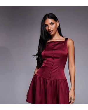 Kaiia Exclusive High Square Neck Button Front Satin Mini Dress - Red