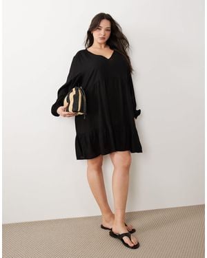 Esmee Curve Exclusive Mini Tiered Smock Summer Dress With Long Sleeve - Black