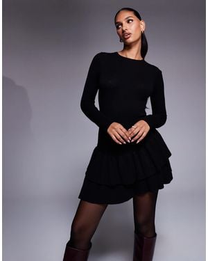 Aria Cove Knitted Long Sleeve Ruffle Skirt Mini Dress - Black
