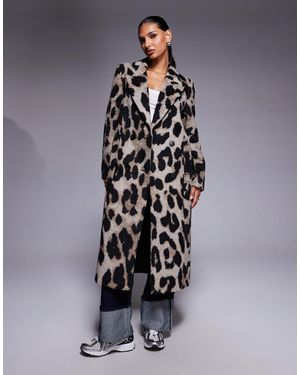 River Island Brushed Leopard Print Double Breasted Coat - Brown