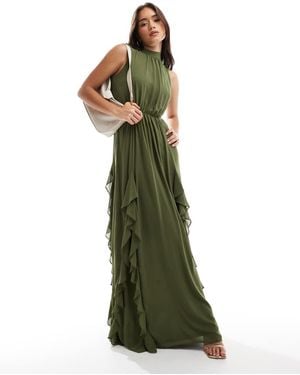 TFNC London Ruffle Detail Maxi Dress With Open Back And Thigh Split - Green