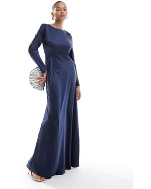 Six Stories Bridesmaids Long Sleeve Cowl Back Satin Maxi Dress - Blue