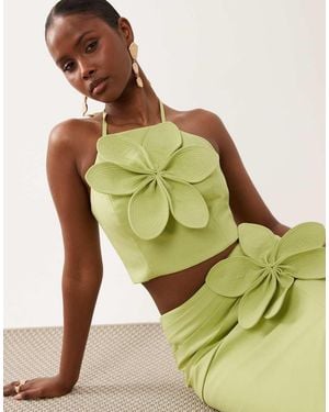 ASOS Linen Halter Top With 3d Flower - Green