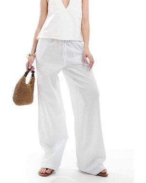 Monki Wide Leg Drawstring Seersucker Trousers - White