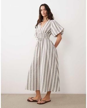 New Look Stripe Puff Sleeve Midi Dress - Natural