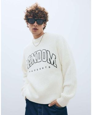 Bershka Embroidered Waffle-Knit Jumper - White