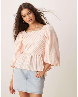 Y.A.S Gestreepte Top Met Pofmouwen, Peplum En Gestrikte Achterkant - Naturel
