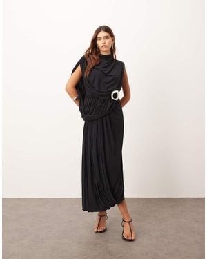 ARRANGE Sleeveless Draped Hem Midi Dress With Buckle Trim Detail - Black