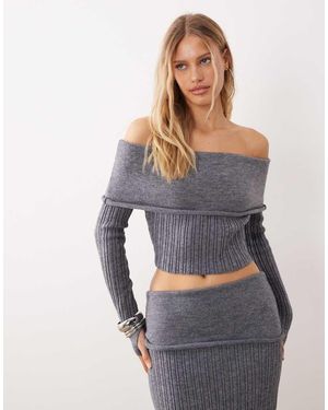 Wanderdoll Wander Doll Mollie Textured Ribbed Knit Deep Foldover Bardot Thumbhole Detail Jumper - Grey