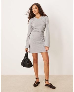 ASOS High V Cinched Side Flare Sleeve Mini Dress - Gray