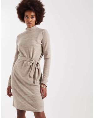 Vero Moda High Neck Knitted Mini Dress With Tie Waist - Natural
