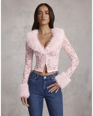 Oh Polly Faux Fur Trim Long Sleeve Cardigan - Pink