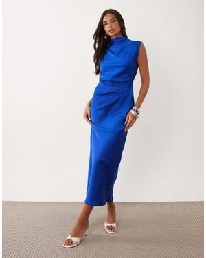 ASOS Satin High Neck Pleated Bodice Midi Dress - Blue