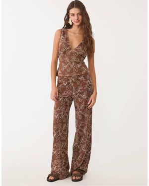 Stradivarius Stardivarius Embroidered Straight Leg Trousers With Linen - Natural