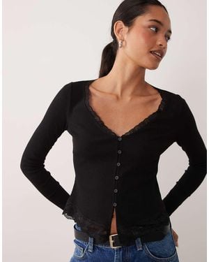 New Look Long Sleeve Lace Trim Button Through Cardi - Black