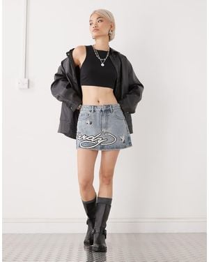 Ed Hardy Denim Mini Skirt With Graphic - White