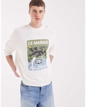 ASOS Oversized Knitted Crew Neck Jumper With Le Marais Print - Grey