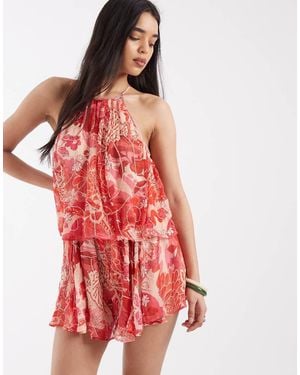 River Island Printed Embellished Playsuit - Red