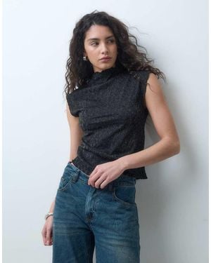Vero Moda Top De Manga De Casquillo Con Cuello Alto Falso Y Brillo En - Azul