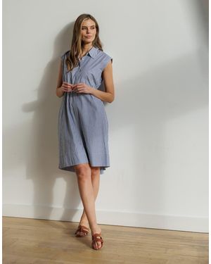 French Connection Cotton Blend Striped Sleeveless Midi Collared Shirt Dress - Blue