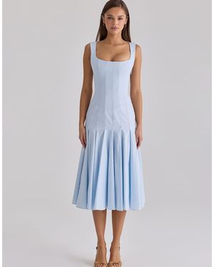 House Of Cb Soretta Pleated Lace Up Cotton Midi Dress - Blue