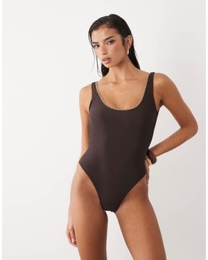 The Frolic Exclusive Crochet Contrast Edge Scoop Neck Swimsuit - Brown