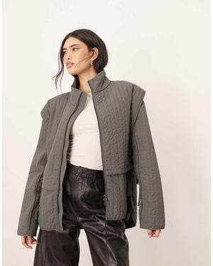 ARRANGE Quilted Layered Shacket With Tie Detail - Grey
