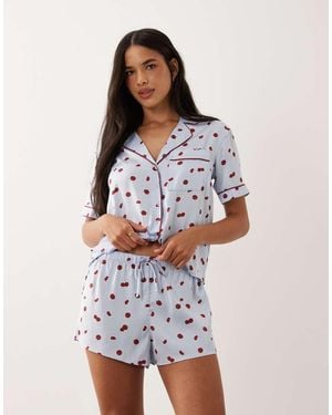Abercrombie & Fitch Pantalones Cortos De Pijama Azules Con Estampado De Lunares En Forma De Tomates De Satén (Parte De Un Conjunto) - Blanco