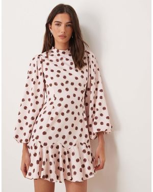 Sister Jane Exclusive High Neck Balloon Sleeve Ruffle Drop Hem Mini Dress - Pink