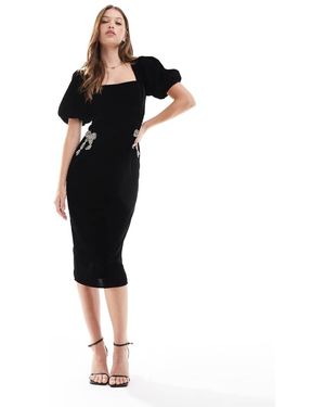 Hope & Ivy Square Neck Velvet Midi Dress With Embellished Bows - Black