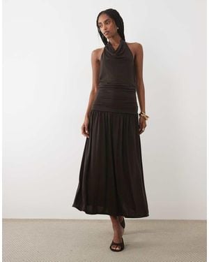 Mango Vestito Lungo Allacciato Al Collo Con Scollo Ad Anello E Vita Scesa - Nero