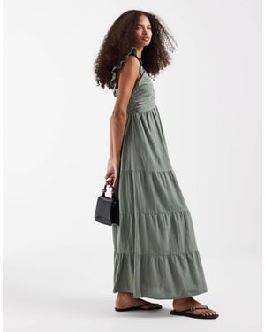 Vero Moda Cotton Ruched Plunge Front Tiered Maxi Dress - White
