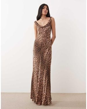 Mango Cowl Neck Chiffon Sleeveless Maxi Dress - Brown