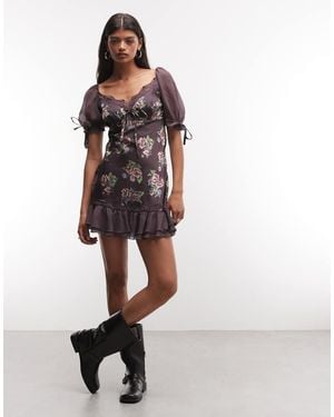 Reclaimed Vintage Satin And Chiffon Mix Mini Tea Dress - Brown