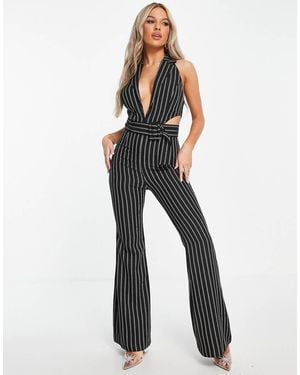 ASOS Tux Halter Cut Out Belted Jumpsuit With Flare Leg - Multicolour