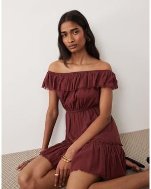 Miss Selfridge Off Shoulder Ruffle Mini Dress - Brown