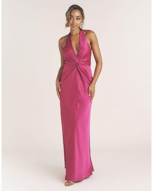 Six Stories Satin Plunge Knot Detail Bias Maxi Dress - Pink