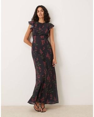 ANAYA Floral Flutter Sleeve Maxi Dress - Black
