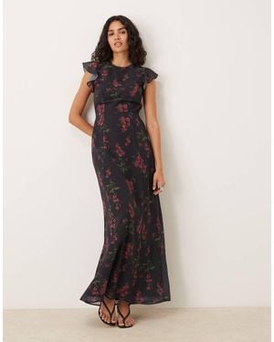 ANAYA Floral Flutter Sleeve Maxi Dress - Black