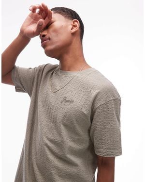 TOPMAN Oversized Fit Seersucker T-Shirt With Promises Embroidery - Grey