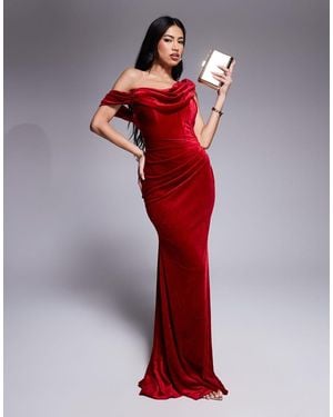 Goddiva Cowl One Shoulder Velvet Maxi Dress - Red