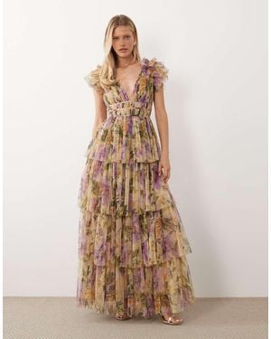 LACE & BEADS Ruffle Shoulder Tiered Tulle Maxi Dress - Natural