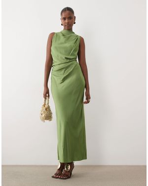 ASOS Pleated Gathered Bodice Satin Maxi Dress With High Neck - Green