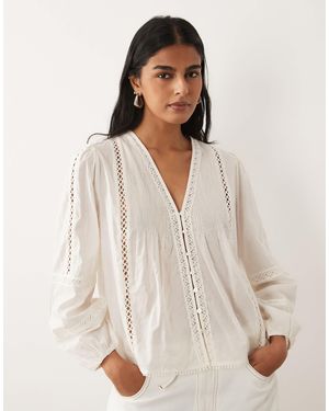 Abercrombie & Fitch Rustic Long Sleeve Blouse With Embroidery Detail - Natural