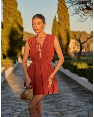 The Frolic Exclusive Linen Feel Tie Front Shir Mini Dress - Orange